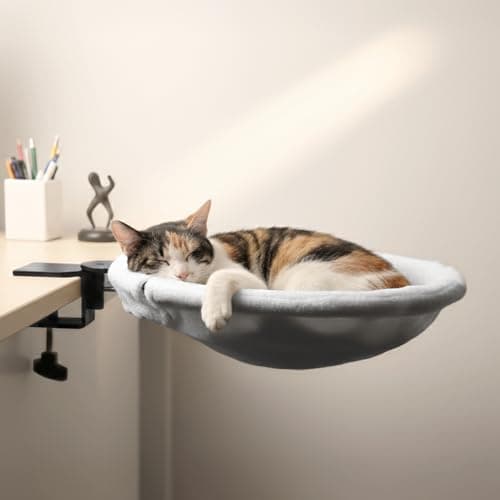 POMESEA Adjustable Cat Desk Bed, Sunken Design Cat Hammock, Supports Up to 50 lbs, Sturdy Metal Frame with Secure Clamp, Removable Faux Rabbit Plush Cover, Perfect for Home or Gaming Desk (White, XL)