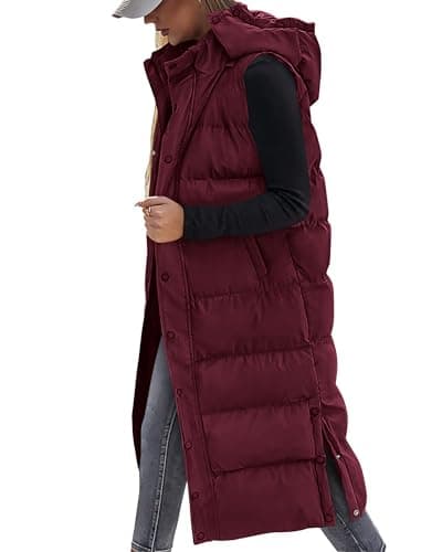 BTFBM Long Puffer Vest Women Quilted Winter Coats With Hood,Wine Red,XL | Button Down Zip Up Vests Outerwear, Padded Sleeveless Jacket, Christmas Holiday Outfits, Womens Fall Clothes, Fashion 2026