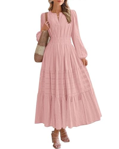 BTFBM Womens Fall 2026 Casual Midi Maxi Dresses,S,Pink | Lightweight Long Sleeve V Neck,Elastic Waist A Line Cotton Long Dresses,Boho Wedding Guest Dress Pockets,Fashion Clothing