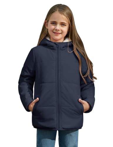 Uikue Girls Winter Warm Coat, Water-Repellent Windproof Hooded Jacket | Sherpa Fleece Lined Zipper Quilted Lightweight Outwear For Kids With Side Pockets & Hood