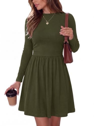 BTFBM Long Sleeve Dresses for Women Fall 2026 Army Green | Swing Pleated Hem,Cocktail Party Club Holiday Going Out Outfits,Dressy Casual Winter,Trendy 2026 Early Fall Fashion Clothing