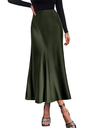 KIRUNDO Women's Satin Maxi Skirt 2026 Summer Fall Trendy High Waisted Wedding Cocktail Party Work Silk A-Line Formal Skirts(Dark Army Green, Medium)