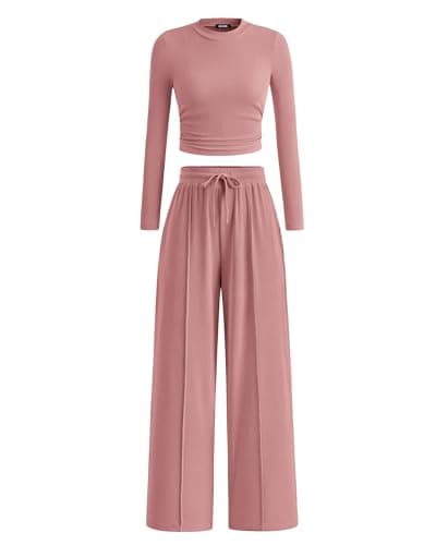 BTFBM Casual Ribbed 2 Piece Sets For Women Fall 2026,Pink,S | Ruched Slim Long Sleeve Crop Top, Elastic Waist Wide Leg Pants With Pocket, Matching Lounge Pants Set, Travel Airport Outfits
