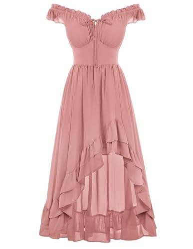 Scarlet Darkness Renaissance Corset Dress Off Shoulder Chiffon Sundress | High-Low ruffle hem, smocked back waist, Flowy a line, for Wedding Guest,pirate costume,Halloween party, with pockets