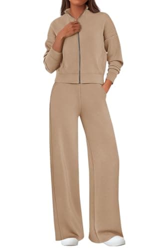 PRETTYGARDEN Women's 2 Piece Outfits Fall Sweatsuits,Khaki,XX-Large | Long Sleeve Zip Up Sweatshirt,Elastic Waist Wide Leg Long Sweatpants,Winter Casual Tracksuit,Lounge Jogger Workout Sets