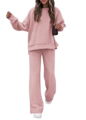 KIRUNDO Sweatsuits 2 Piece Outfit Matching Lounge Sweat Set(Pink, M) | Airport Travel Outfit, Comfy Sweatshirt Wide Leg Sweatpants Set, Casual Tracksuit Jogger Athleisure,2026 Fall Winter Clothing