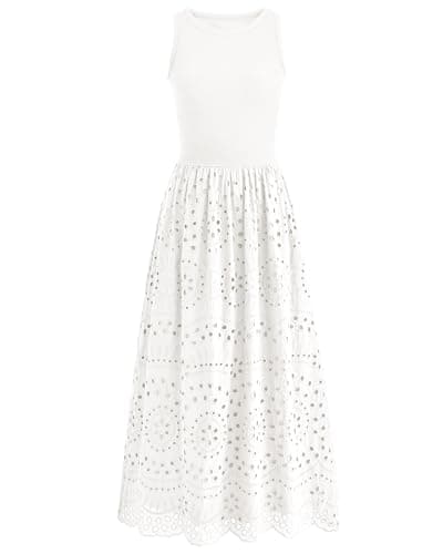 dowerme Women Sleeveless Lace Eyelet Cotton Tank Maxi Dress,White,XXL | Summer Casual Crewneck A-Line Dresses 2026,Fall Knit And Woven Boho Sundress with Pockets,Cute Wedding Beach Vacation Clothes