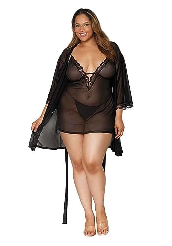 Dreamgirl Women's Plus Size Stretch Mesh Chemise & Robe Set with Scalloped Lace Trim Black