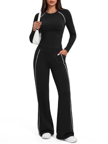 Rexley Women's 2 Piece Set With Long Sleeve Top And High Waist Flare Pants | Quick Dry Fabric, Fitted Long Sleeve Top, High Waist Flare Pants, Contrast Piping And Pockets for Light Workouts And Lounge
