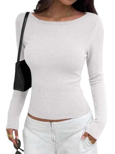 KIRUNDO Boat Neck Sweaters for Women Slim Fit Fall Knit Tops,White,XL
