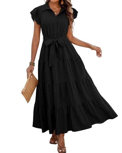dowerme Women Ruffle Sleeve Button Belted Boho Maxi Dress,Black,S | Summer Casual V Neck Tiered Long Sundress with Pockets,Fall Formal Wedding Guest Shirt Dresses,Spring Beach Vacation Clothes