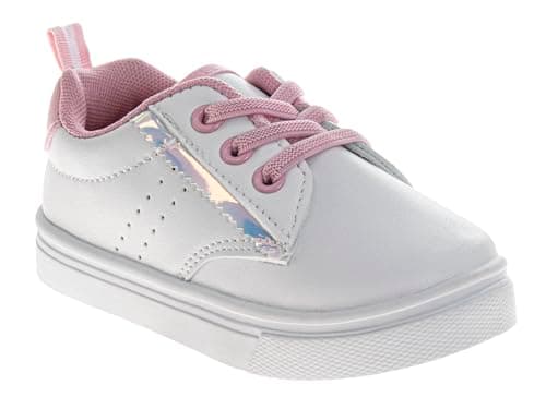 Josmo Girls Stylish Sneakers Cute Casual Shoes with Soft Sole Adjustable Hook & Loop Strap and Glitter Star Design for Girls WhitePink Size 7 Toddlers