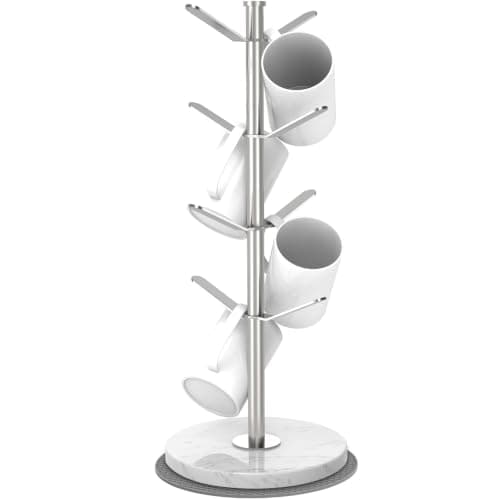 ZYZWTG Silver Marble Mug Holder Tree with 2–8 Adjustable Hooks | Detachable Stainless Steel Coffee Cup Stand with Modular Height and Weighted Base for Kitchen Countertop, Silver