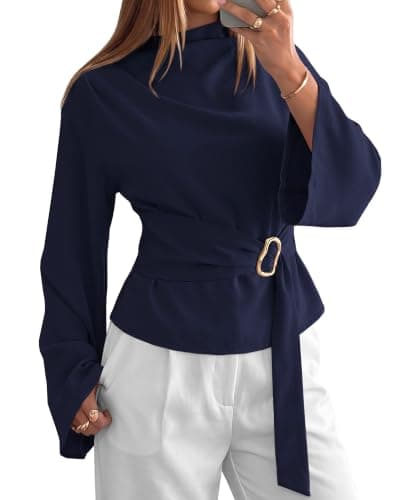 BTFBM Women Business Casual Blouses Bell Long Sleeve Tie Waist Top | Mock Neck Back Zipper Shirt, Elegant Dressy Buckle Tunic, Going Out Tops, Work Office Shirts, 2026 Early Fall Fashion