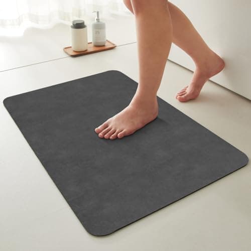 TYUU Thin Bath Mat, Small Bathroom Rugs Non Slip Washable, 16x24 Dark Grey | Quick Dry Bath Rug Fits Under Door. Non-Slip Rubber Backing. Absorbent Faux Suede Bathroom Floor Mats. Bath, Shower & Sink.