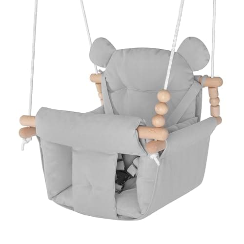 Baby Swing Indoor Outdoor,Secure Canvas Wooden Toddler Swing Seat, 3-Point Adjustable Safety Harness,Mounting Hardware Included,Gift for Boys and Girls, Grey