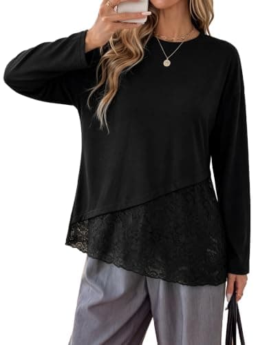 Aumora Womens Long Sleeve Lace Patchwork Tops Asymmetric Crew Neck Shirts | Lace Hem Patchwork Trim, Oversized Loose Fit, Lace Trim Blouse, Dressy Casual, Going Out Date Night, Fall Shirts 2026