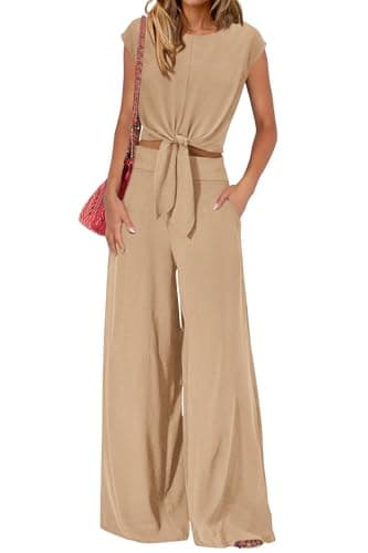 PRETTYGARDEN Women 2 Piece Lounge Sets 2026 Casual Pant Set,Khaki,M | Summer Cap Sleeve Crewneck Smocked Back Strappy Crop Tops,Wide Leg Palazzo Pants With Pocket,Fall Travel Airport Outfits