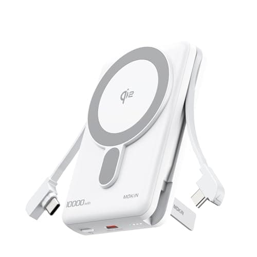 imokin Magnetic Portable Charger, Qi2 10000mAh Power Bank, MagSafe Wireless Battery Pack with Built-in USB-C Cable & Stand, 20W Fast Charging for iPhone 17 16 15 14 13 12 Series