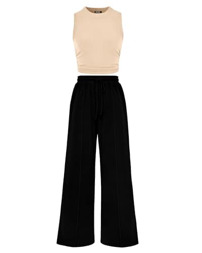 BTFBM 2 Piece Outfits For Women Airport Travel Outfit,Apricot Black,S | Ribbed Two Piece Sets, Sleeveless Cropped Tank Top, Elastic Waist Wide Leg Pants, Vacation Lounge Set, Spring Summer 2026