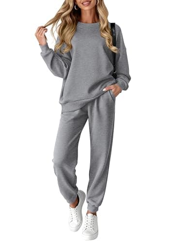 KIRUNDO Sweatsuits Women 2 Piece Outfit Matching Lounge Set(Grey, M) | Fleece Lined, Crewneck Sweatshirt, Elastic Waist Jogger Pants, Tracksuit, Airport Travel Outfits, 2026 Fall Fashion Clothing