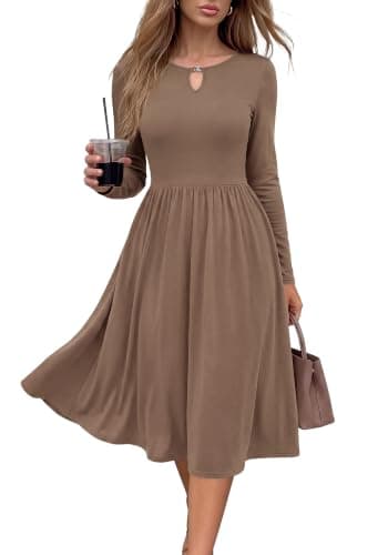 KIRUNDO Fall Dresses for Women 2026 Midi Long Sleeve Dress,Khaki,XXL