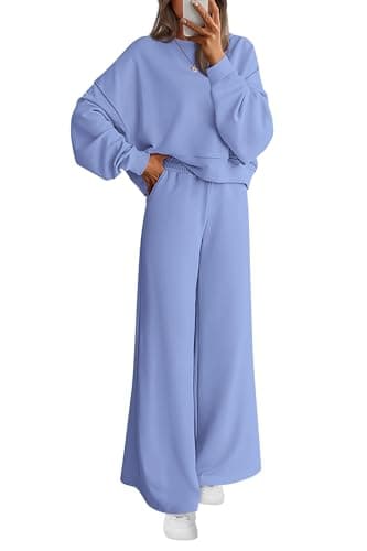 PRETTYGARDEN Women 2 Piece Outfits Fall Sweatsuit Lounge Set,Light Blue,M | Long Sleeve Drop Shoulder Crewneck Sweatshirt,Wide Leg Cotton Sweatpants,Casual Tracksuit,Winter Vacation Travel Outfits