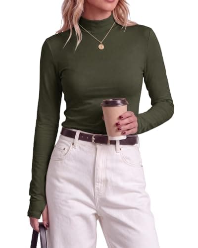 BTFBM Turtleneck Tops for Women Thumbhole Long Sleeve Shirts Army Green