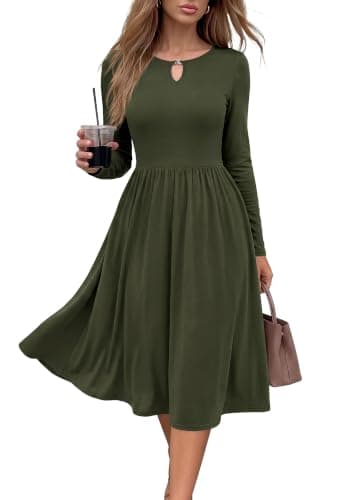 KIRUNDO Fall Dresses for Women 2026 Midi Long Sleeve Dress,Army Green,L | Lightweight Soft Knit, Flowy A Line Keyhole Crewneck, Empire Waist Pleated Business Casual Outfits,Daily Wedding With Pockets