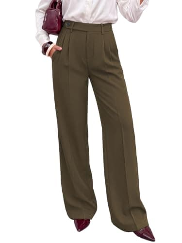 KIRUNDO Wide Leg Pants For Women 2026 High Waisted Side Button Trousers | Soft Drape Elastic Waist Palazzo Work Pants,Dressy Pleated Business Casual Slacks With Pockets, Daily Office Fall Outfits