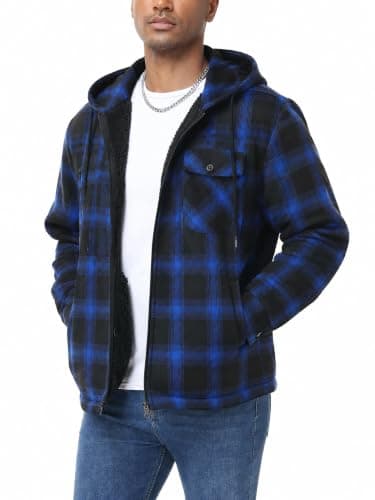 Men's Plaid Fleece-Lining Shirt Jacket Flannel Hoodie | Shacket,Warm,Full Zip,Plaid,Flannel,Hooded,Sherpa Fleece Lined,Pocket,Fall,Insulated,Travel,Lightweight,Windproof