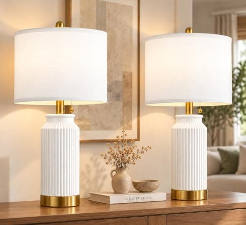 24.5" Modern Table Lamp Set of 2 for Living Room with Gold Base, Rustic Farmhouse White Ceramic Desk Lamps with White Linen Shade, Vintage Bedside Nightstand Lamps for Bedroom, End Table Home Decor