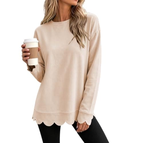 Women's Scalloped Sweatshirts, Crew Neck Long Sleeve Pullover Beige | Scalloped Cuff, Drop Shoulder, Stretch Fabric, Relaxed Fit, Solid Color, Everyday Layering, 2026 Fall Fashion Daily Wear