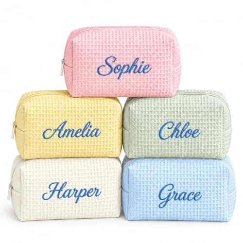 KEQHAULI Custom Embroidered Waffle Cosmetic Pouch, Monogram Travel Makeup Bag, Bridesmaid Gift, Cute Toiletry Organizer for Daily Use or Travel