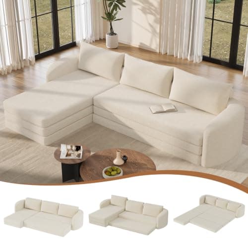 Vesgantti 6 in 1 Folding Sofa Bed, Boneless Sectional Sleeper Couch, Beige | 110.2" Convertible L Shaped Sofa, Curved Armrest, Deep Seat Boneless Couches for Living Room, Chenille, Left Facing Chaise