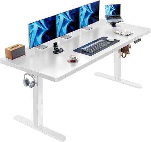 HUANUO 71 x 30 Inch Large Electric Standing Desk, Brushless Motor, White | 30 Inch Deep Desktop, 220 lb Capacity, 4 Memory Presets, Cable Tray, Dual Hooks, Height 27.9–46.5 Inch; Ships In 2 Packages