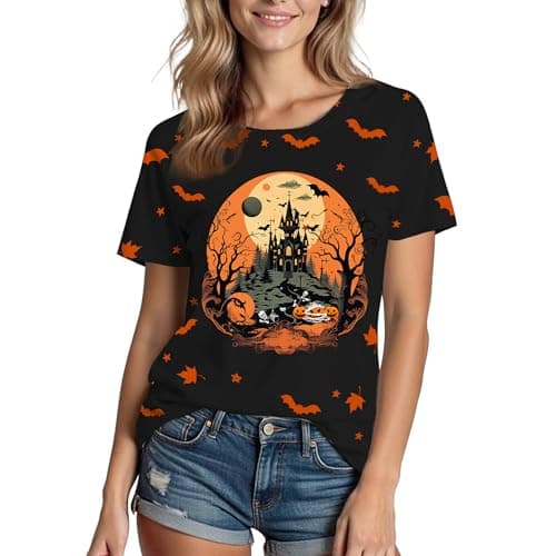 Halloween Shirts for Women: Castle Pumpkin Graphic Tee