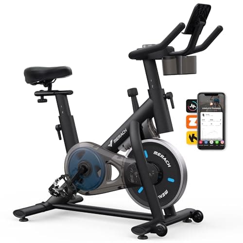 MERACH Exercise Bike, Magnetic Friction Stationary Bike for Home with APP | Low Noise Indoor Cycling Spin Bike with 300lbs Weight Capacity, Adjustable Seat & Handlebars, Fitness Courses for Weight Loss