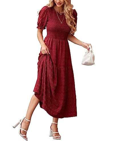 dowerme Womens Puff Sleeve Smocked Ruffle Maxi Dress,Wine Red,S | Summer Casual Crewneck Flowy Long Sundress,Fall Elegant Wedding Guest Dresses,Spring Trendy Travel Beach Vacation Clothes