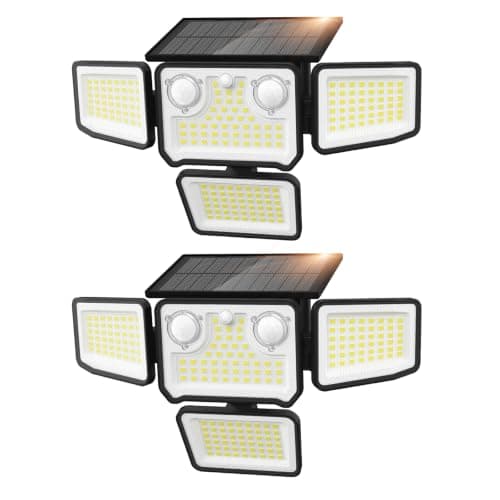 SZPOWER 4500LM Solar Lights Outdoor Waterproof, 254 LED Solar Flood Lights Outdoor with 2 Motion Sensor, 4 Heads Security Light for Yard Outside House Garage 2 Pack