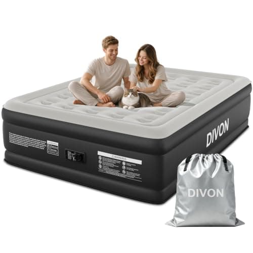 DIVON Queen Air Mattress with Built-in Pump, 18" Raised Blow Up Bed, 800lb | Soft Flocked Top,Reinforced Support,Thick PVC,3-Min Inflation,Water-Resistant Surface, Non-Slip & Quiet Base, 10-Year Support