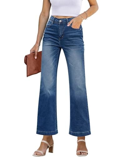 GRAPENT Flare Jeans for Women High Rise Wide Leg Baggy Stretchy Denim Pants | High Waisted Jeans for Women Trendy, Flare Bootcut Style, 4 Pockets, Distressed Wash, Casual Office Wear, Daily Jean Pants