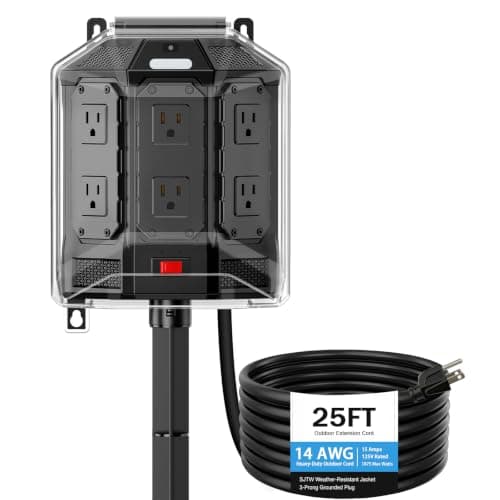 Outdoor Extension Cord Waterproof, 25FT with 6 Outlets for Christmas Decor | 14AWG outdoor power stake with full-cover weatherproof lid, overload protection night light for Halloween yard decorations