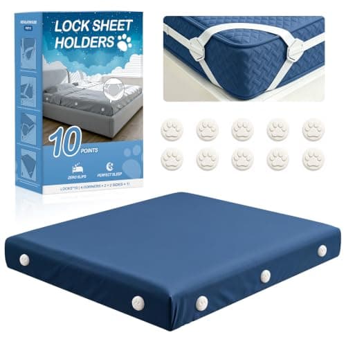 Bed Sheet Holders, Fitted Sheet Holder, 10 Twist-Locks, 360°Secure Fit | Fits 5-8" King & Queen; 10 Clips Secure Corners & Sides; One-person Install; Adjustable Elastic Straps; No Metal Anti-Slip