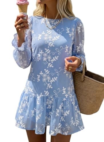 dowerme Women's Casual Embroidered Mini Babydoll Dress, Light Blue, XXL | Cute Fall Sheer Long Sleeve Crewneck Ruffle Short Dresses, Spring U Tie Back Loose Flowy Floral Maternity Vacation Sundress