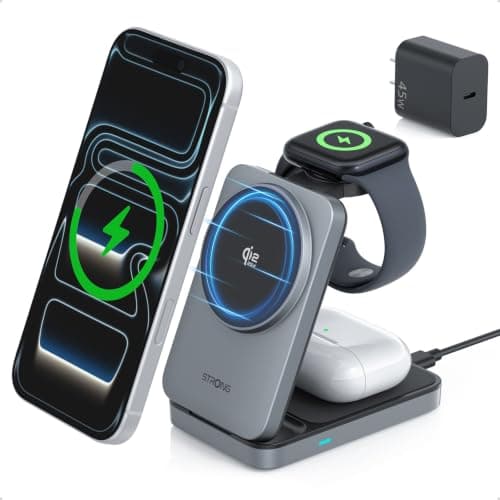 STRONG TriMag Qi2.2 25W 3 in 1 Wireless Charging Station, Fast Charger | Foldable MagSafe Charger for iPhone 18/17/16/15, AirPods and Apple Watch Charger with 5W, Travel-Ready Design and 45W Adapter