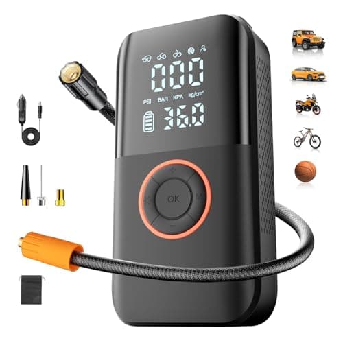 Portable Tire Inflator Dual Power, 150PSI Air Compressor with 12V DC Power | 5400mAh Air Pump, 6-Min Inflation, Auto Shut-off, Pressure Gauge, LED Light, Built-in Storage, for Car Bike Ball