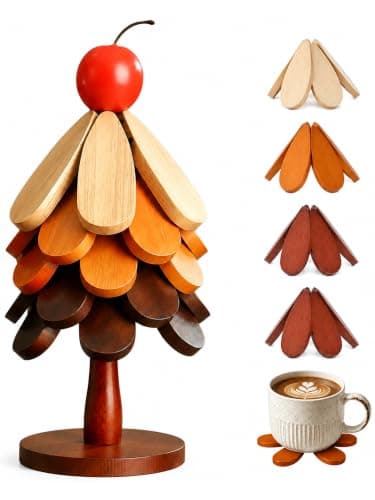 Christmas Tree Coasters Set of 5 with Stand Wooden Trivets for Hot Dishes, Foldable Heat-Resistant Trivet Set for Hot Pots, Pans, Kitchen Table Countertop Protector, Christmas Kitchen Home Decor Gift