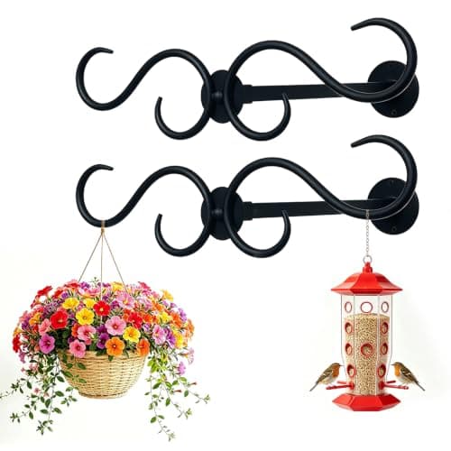 Wall Mount Double Shepherds Hook for Outdoor Bird Feeder & Planter, Heavy Duty Bracket with 12" Standoff, Rustproof Hanger for Patio Deck Balcony Wind Chimes Wreath Lantern,Holds 20 LBS- Modern 2 Pack
