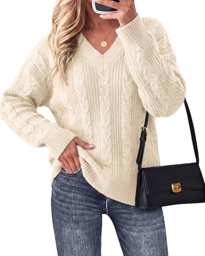 Okiwam Sweaters for Women Ovesized V Neck Cable Knit Pullover Tops,Beige,XS